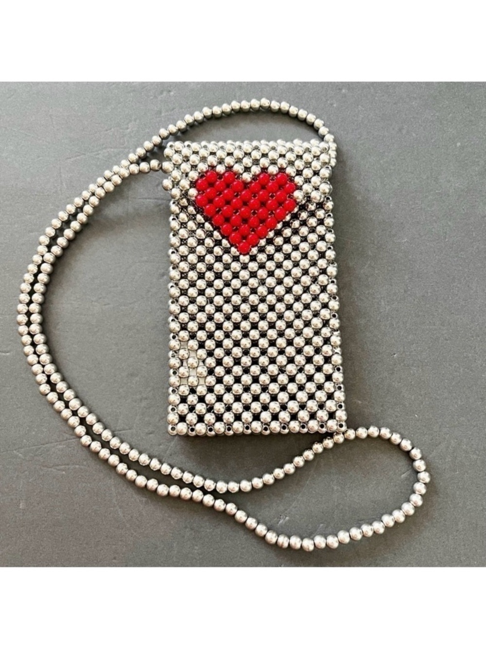 Silver Beaded Crossbody Mini Bag Valentines Red Heart Cell Holder Evening Love